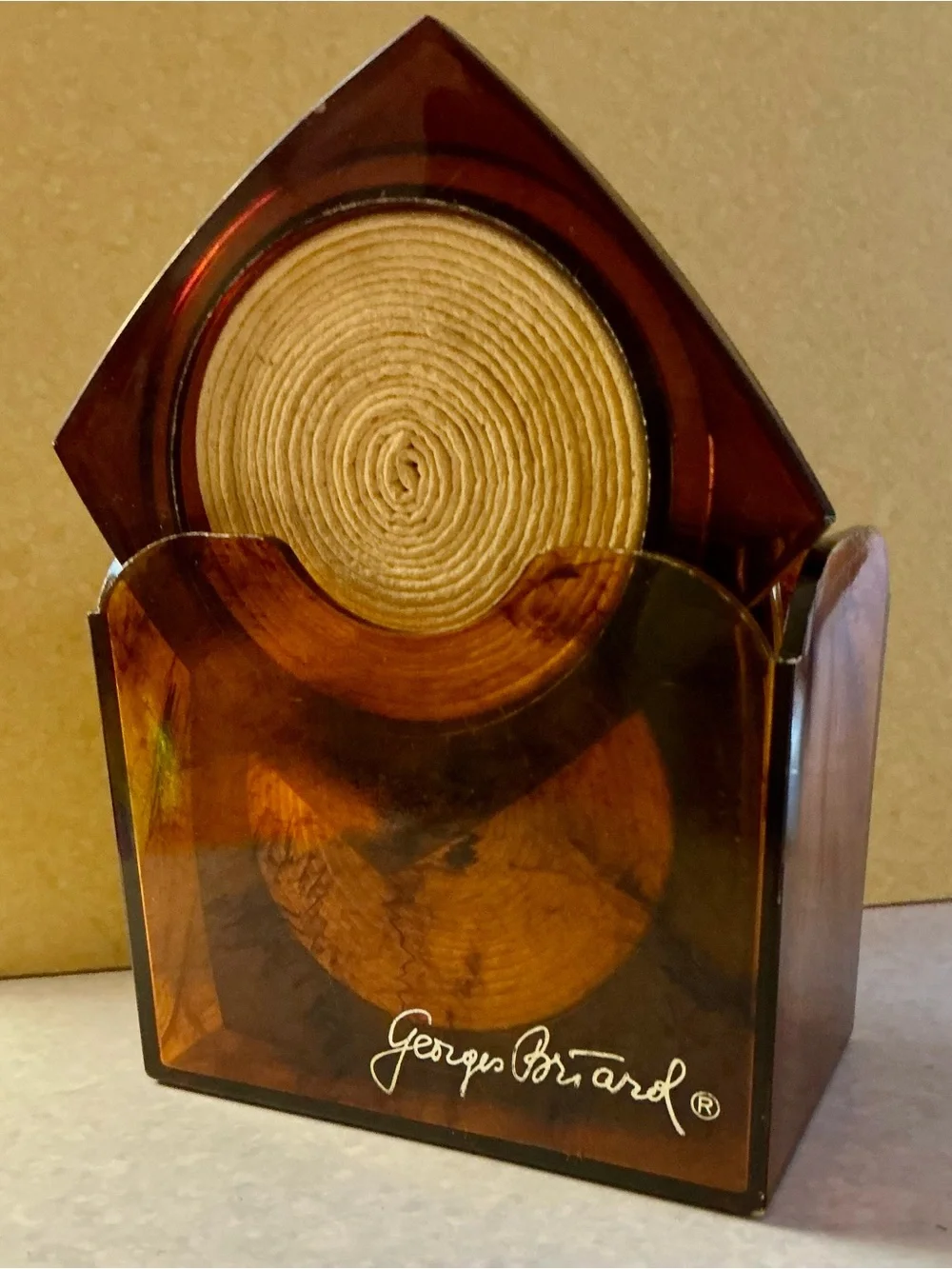 Vintage Coaster Holder Set Georges Briard Faux Tortoise Shell Lucite Raffia MCM